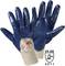 Blue nitrile work gloves with safety marking 'EN 388 4211' on the back of the hand. Suitable for protection at work.