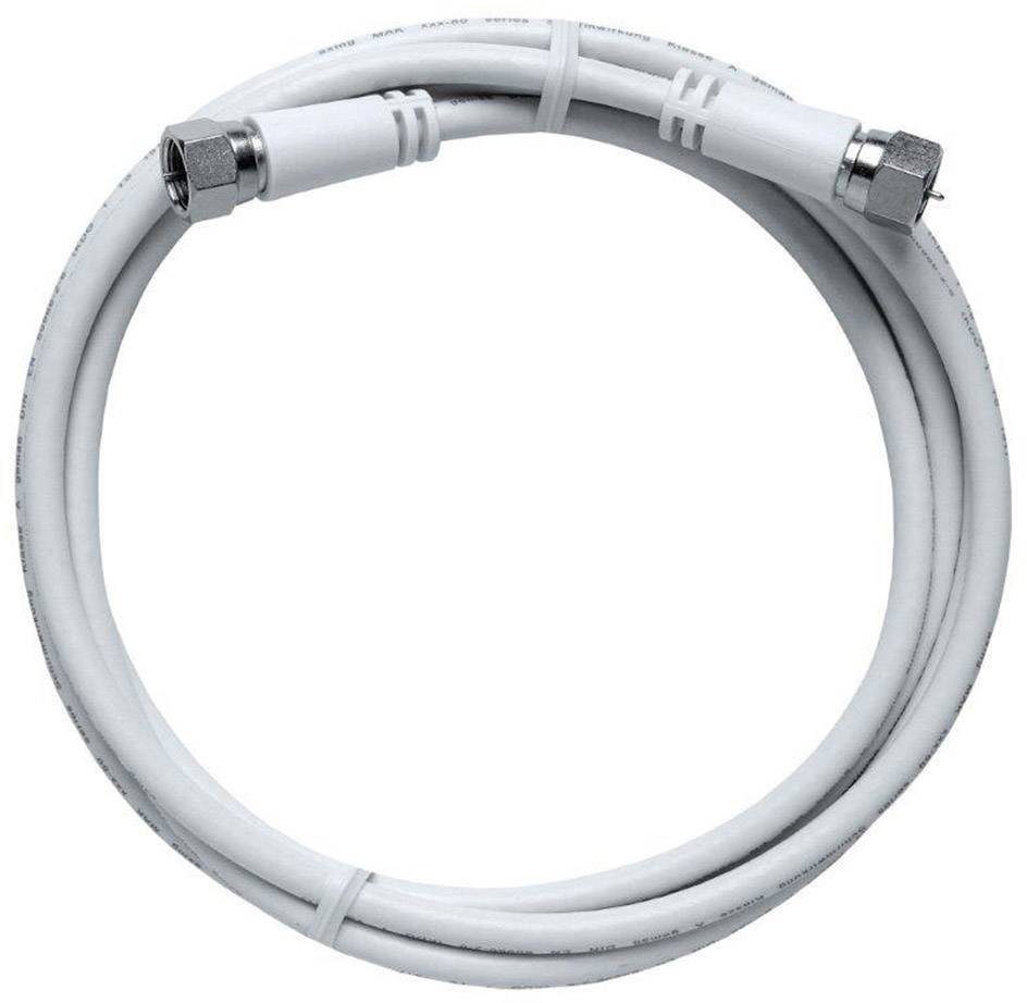 A white coaxial cable, curved in a circular shape, with metal connectors at both ends.
