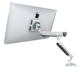 A silver computer screen mounted on a pivoting monitor arm, allowing rotation and adjustment of the display.