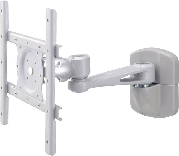 A grey, adjustable wall mount for televisions or monitors, comprising multiple joints and a sturdy frame.