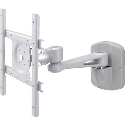 A grey, adjustable wall mount for televisions or monitors, comprising multiple joints and a sturdy frame.