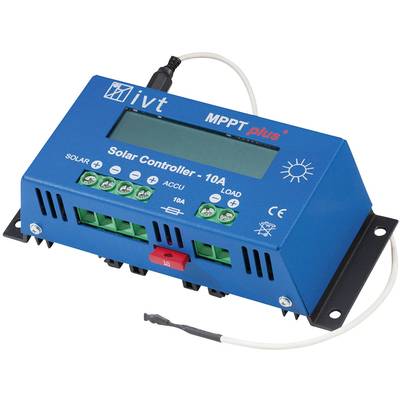 Blue Solar Charge Controller with Digital Display, Labelled 'MPPT Plus', Connections for Solar Panel, Battery, Load. Suitable for 10A.