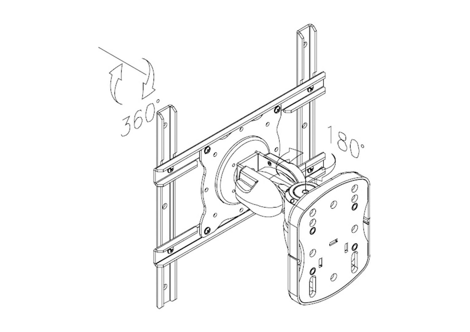 Diagram of a TV wall mount with swivel and tilt function, showing 360-degree rotation and 180-degree tilting capabilities.