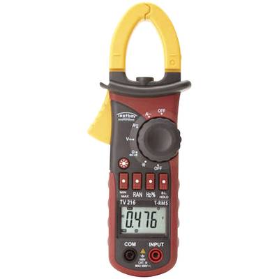 A digital clamp meter displays a measurement of 0.476. It is red and black with a yellow clamp head and several control buttons.