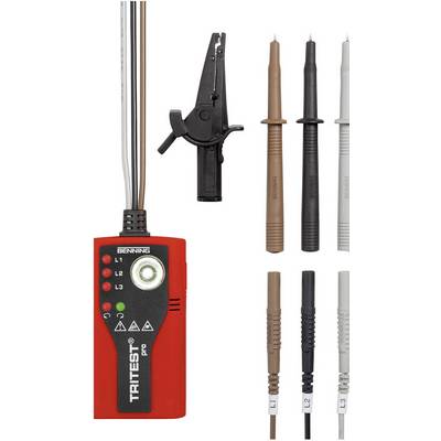 Testing device with a red housing and connections in brown, black, and grey, for voltage and continuity testing. Black crocodile clip adapter.