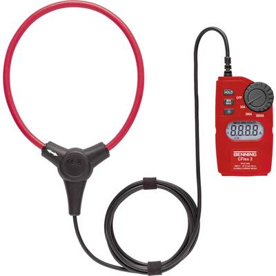 Red current measuring device with flexible measuring loop ring and display for current measurement up to 300 A. Suitable for professional electrical tests.