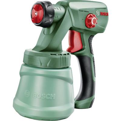 'Bosch Spray Painting System' with a green housing, ergonomic handle, and red adjustment wheel for colour quantity control.