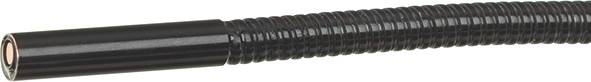 A black, ribbed hose with a smooth end piece, suitable for protecting cables or conduits in industrial applications.