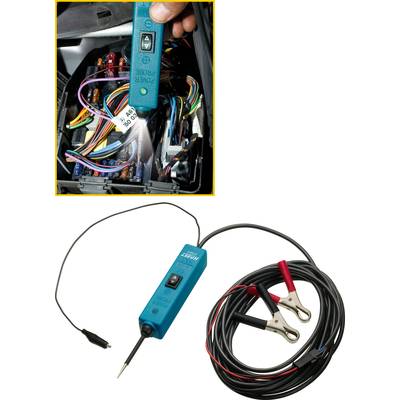 A hand holds an electrical testing device over a fuse in a fuse box. Beneath it lies the testing device with cables and clips.