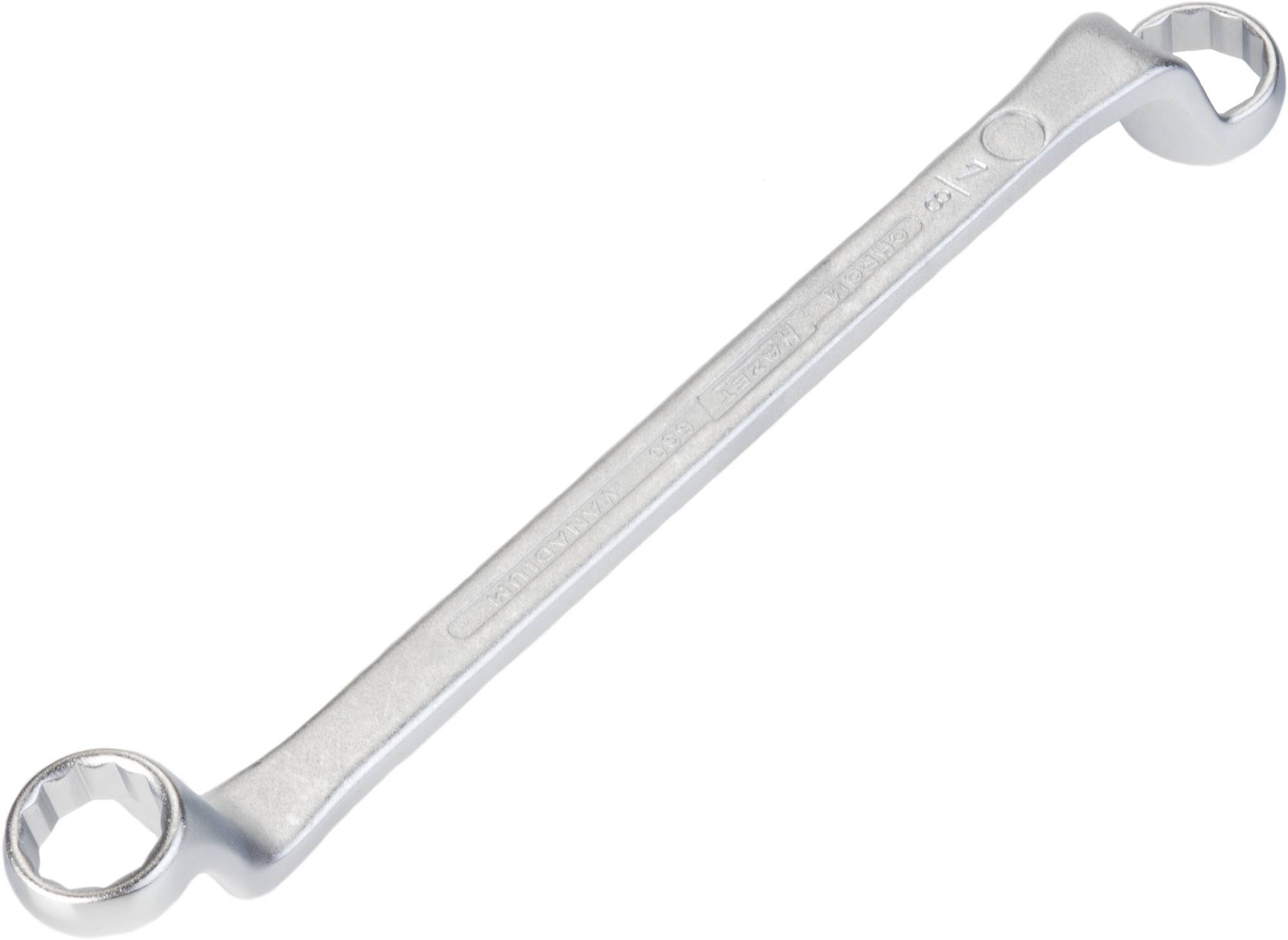 A silver ring key with two hexagonal ends of different sizes, manufactured from metal.