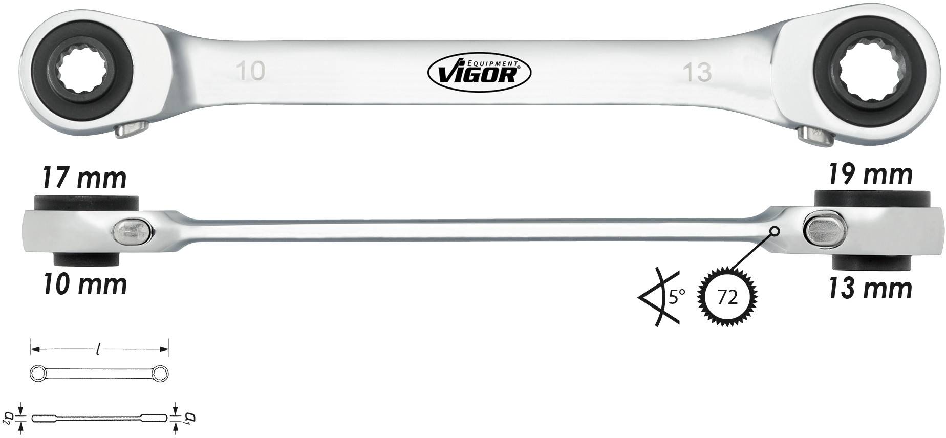 A silver ratchet spanner with four sizes: 10 mm, 13 mm, 17 mm and 19 mm. Brand name 'Vigor' in the centre.