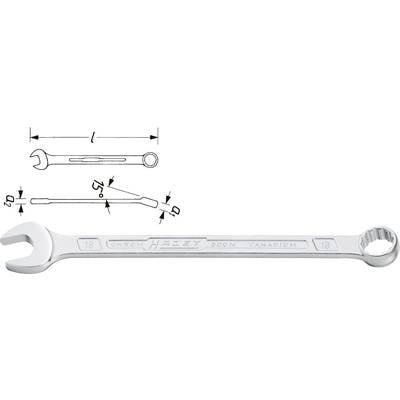 'Two views of a spanner: on the left, a technical drawing with dimensions, on the right, a photograph of a chrome-plated ring spanner.'