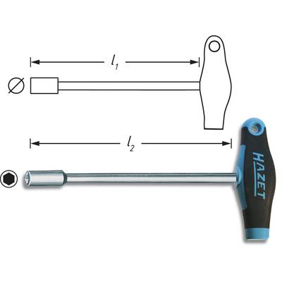 'T-Griff key with rounded hexagonal head and long shaft. Diagram shows dimensions l1 and l2. Brand: Hazet.'