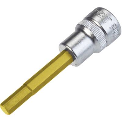 Metal hexagonal bit adapter with a yellow shaft and silver head, used for tightening or loosening screws.