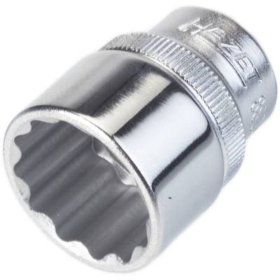Metal socket insert with twelve-sided opening, highly polished. Branded marking on the top surface.