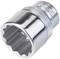 Metal socket insert with twelve-sided opening, highly polished. Branded marking on the top surface.