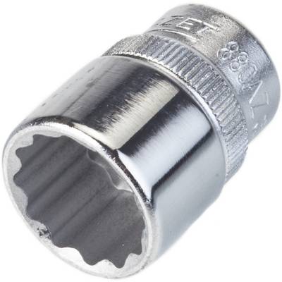 A silver twelve-sided socket with a ridged edge, made of metal, likely used for screw-related work.
