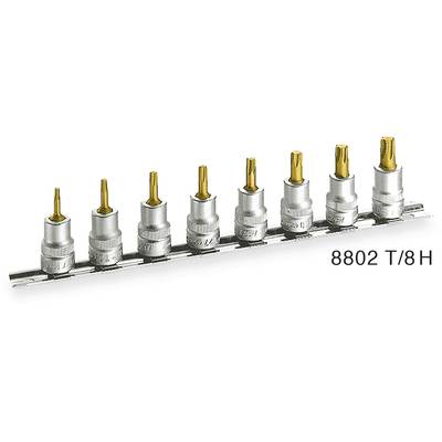 Eight Torx screwdriver bits in various sizes, arranged on a holder marked '8802 T/8 H'.