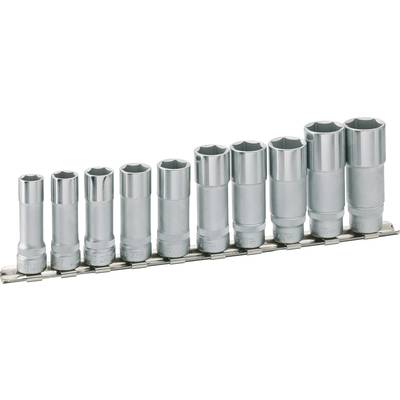 A series of eleven silver socket keys in various sizes, arranged on a holder.