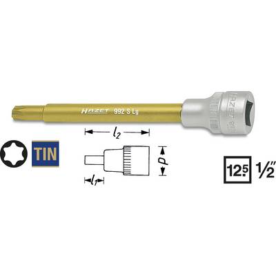 'HAZET 992 S Lg' TIN-gold Torx bit insert tool with dimensions and profile drawing, suitable for 12.5mm (1/2") drive.
