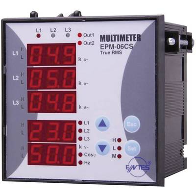 Digital multimeter with display showing voltage and current measurements. Buttons for settings and two modes 'Out1', 'Out2'.