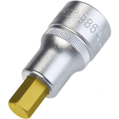 Metallic socket wrench with a hexagonal, golden head for screw-related tasks.