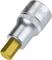 Metallic socket wrench with a hexagonal, golden head for screw-related tasks.