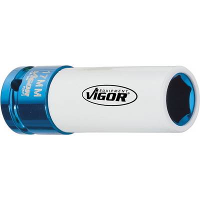 A white and blue Vigor tool with the inscription '17 MM', presumably a socket, primarily used for vehicle maintenance.