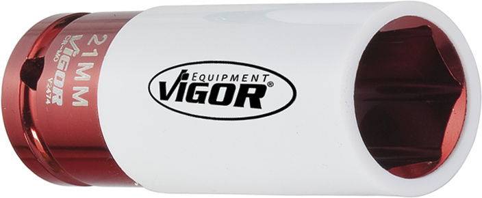 A white spanner adapter with a red end, marked with 'VIGOR EQUIPMENT' and '21MM'.