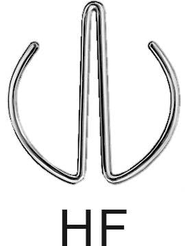 A chrome-coloured, stylised metal badge in the shape of an upright oval with open ends. Beneath it, the letters 'HF'.