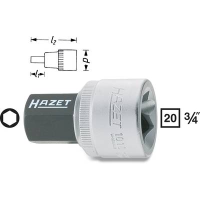 Socket tool with hexagonal drive, marked 'HAZET'. Shows measurements for diameter and depth. Used in mechanical work.