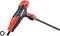 A T-handle hex key with a red and black grip is lying on a white background.