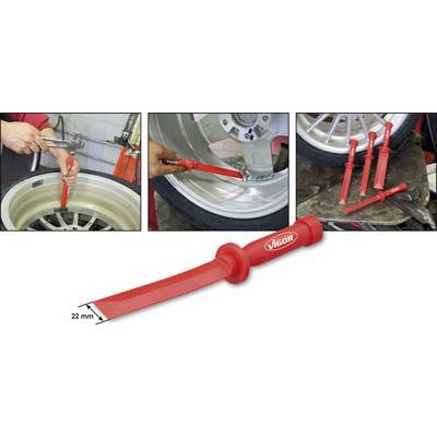 'Three photographs demonstrate the use of a red VIGOR tyre mounting tool. It is used to mount tyres onto rims. Below, the tool is depicted with a length specification of 22 mm.'