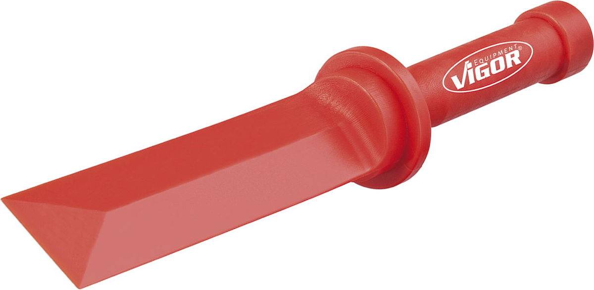 A red plastic chisel with a flat tip and 'Vigor' written on the handle. Suitable for gentle levering work.