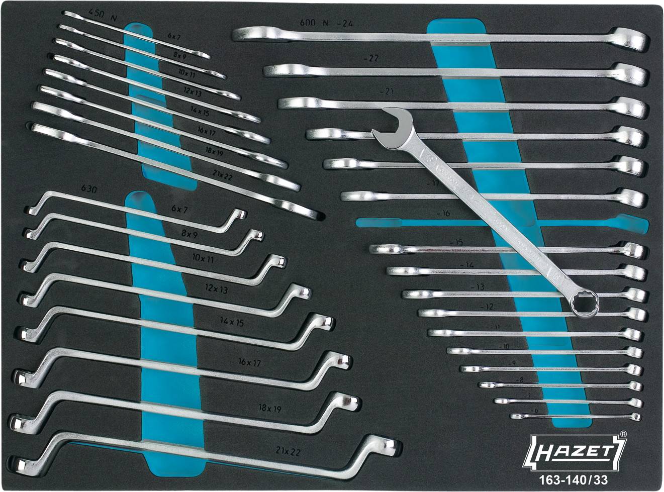 Hazet spanner set with 33 pieces in foam insert, various sizes. Primarily combination spanners and ring spanners.