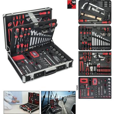 An open toolbox displays various hand tools such as screwdrivers, pliers, and spanners, neatly arranged in compartments.