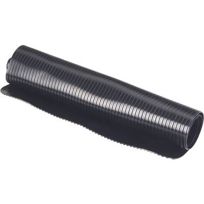 A rolled black yoga mat is lying on a white surface.
