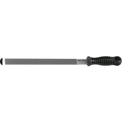 A flat metal file with an ergonomic plastic handle, suitable for smoothing metal surfaces.