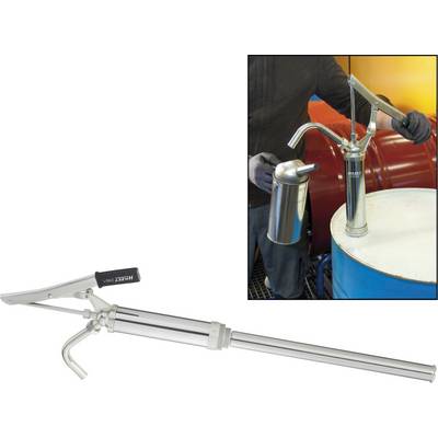 A hand pump from HAZET is being inserted into a blue barrel. Beside it is a close-up of the pump with its slender, silver design.