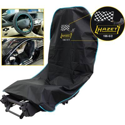 'Black seat cover with blue trim and Hazet logo, suitable for car seat protection. Close-up of a steering wheel cover in use.'