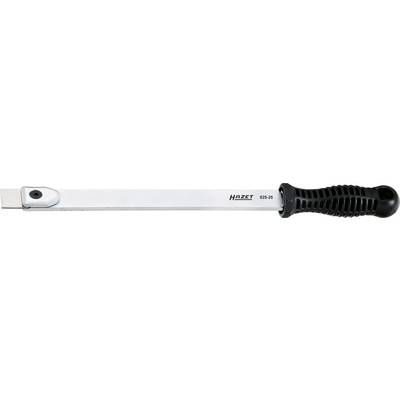 A long, flat screwdriver with a black handle, marked with 'HAZET' and the serial number, lies horizontally.