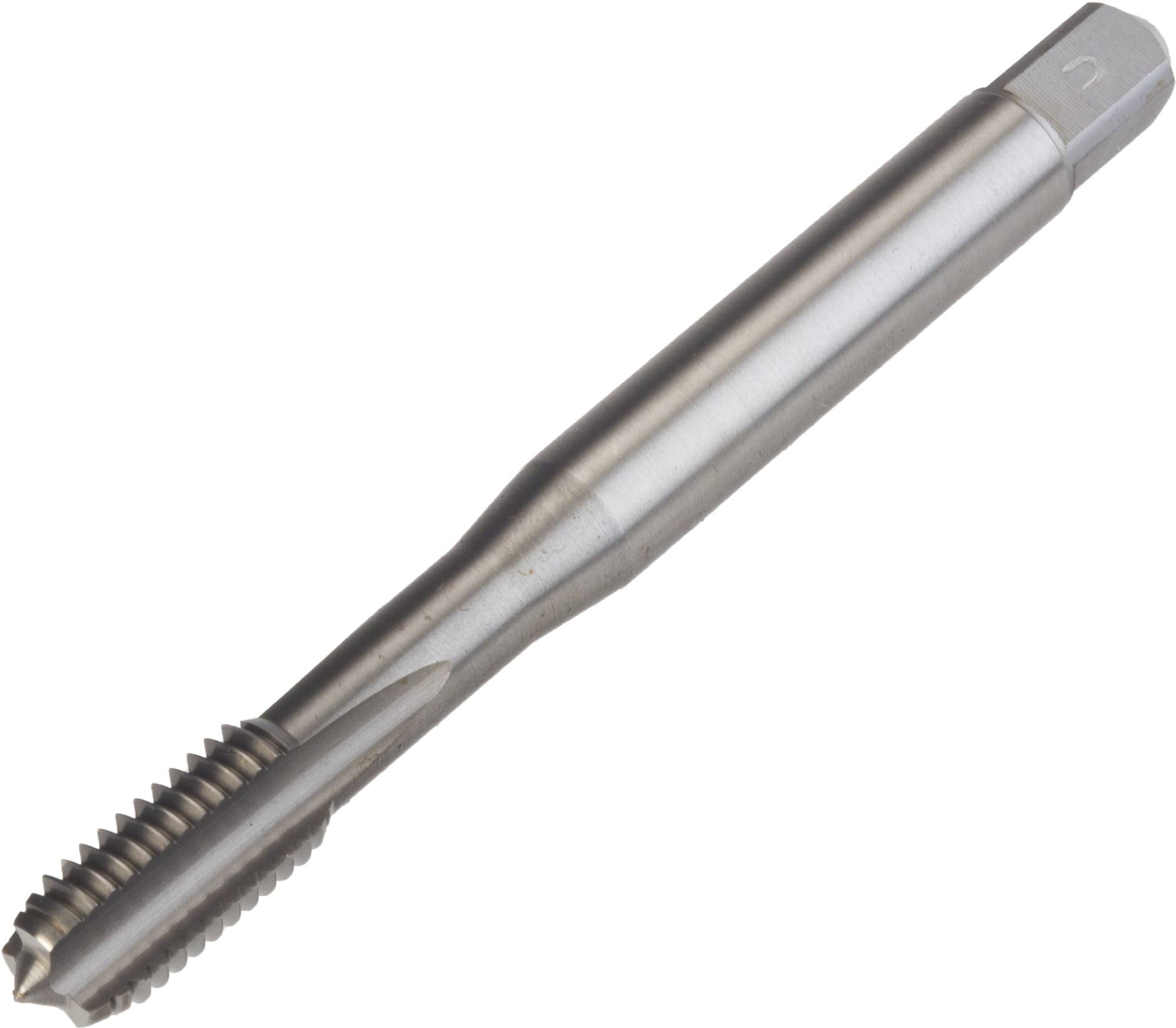 Metal tap with a cylindrical shank and threaded part, used for cutting internal threads in workpieces.