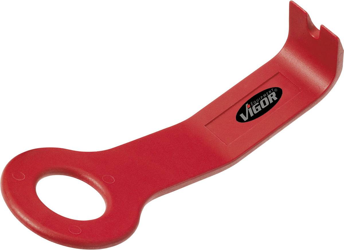 Red lever tool with a round handle and a flat, curved tip, suitable for removing car trim panels.