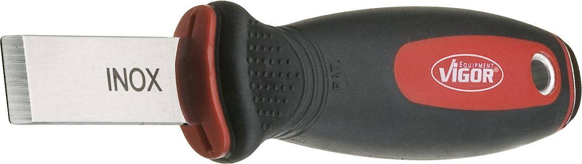 Pictured is a peeler with a black handle and a wide stainless steel blade, on which 'INOX' is written. Brand logo on a red background.