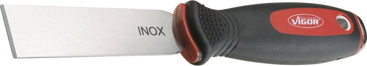 A hand tool with a black handle and red application, labelled with 'VIGOR' and 'INOX' on the metallic blade.