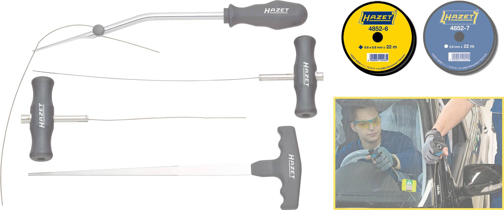 Windscreen Removal Tool Kit: Includes cutting wires, handles and instructions. Brand name and models visible on tool.