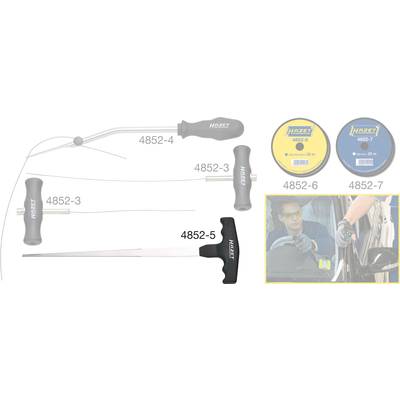 Various windscreen repair tools with the HAZET logo. A person wearing safety glasses while applying them to a car.