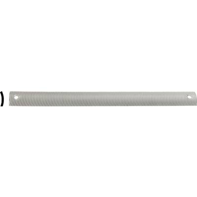 A grey plastic comb with fine teeth and two holes at the ends.