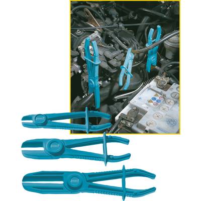 Two plastic pliers clamp tubes in an engine compartment, with a close-up of the pliers shown in the lower part of the image.