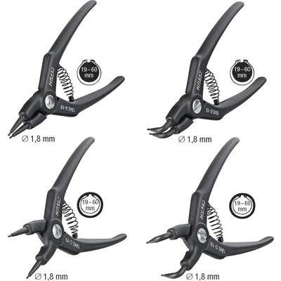 Four black circlip pliers with different tips: internal and external rings, straight and curved. Span range 19-60 mm, diameter 1.8 mm.